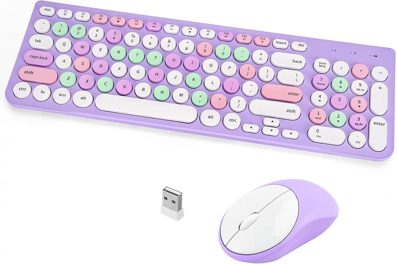 GUKJOB Wireless Keyboard and Mouse Combo, Retro Typewriter Keyboard with Round Keycaps, 2.4GHz USB Cute Wireless Keyboard Mouse for Computer, Desktop, Laptop (Purple Colorful) - Image 1